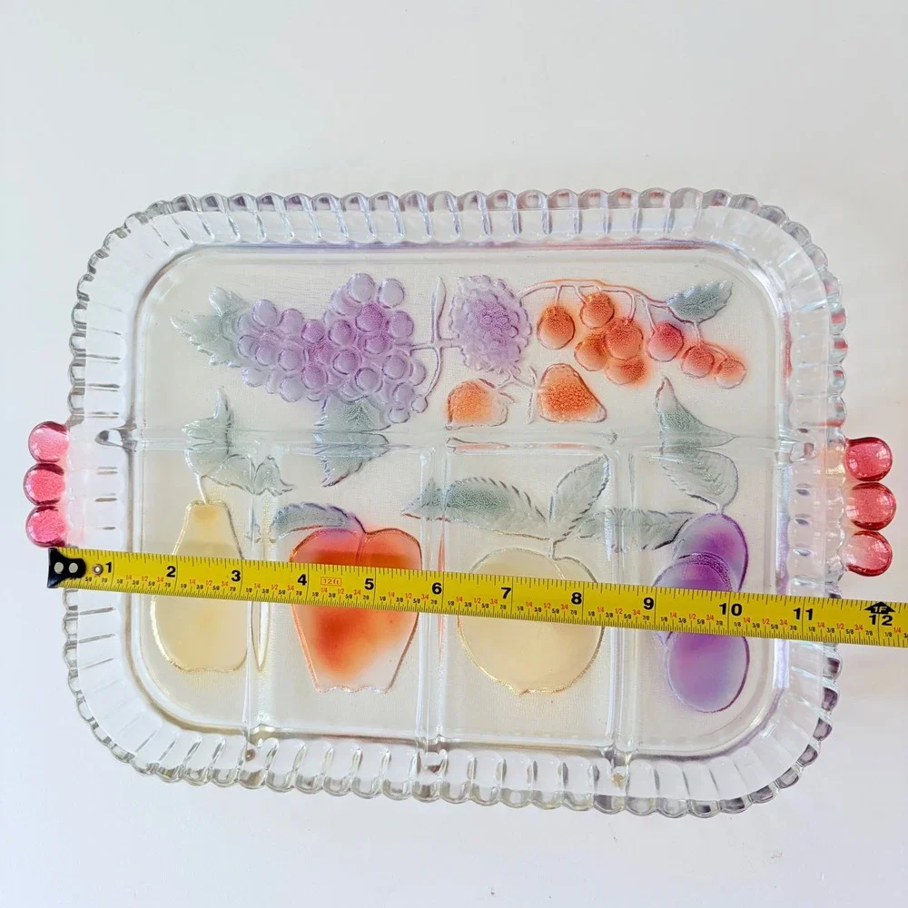 Vintage Iridescent Glass Fruit Divided Serving Tray Scalloped Edge Pink Handles